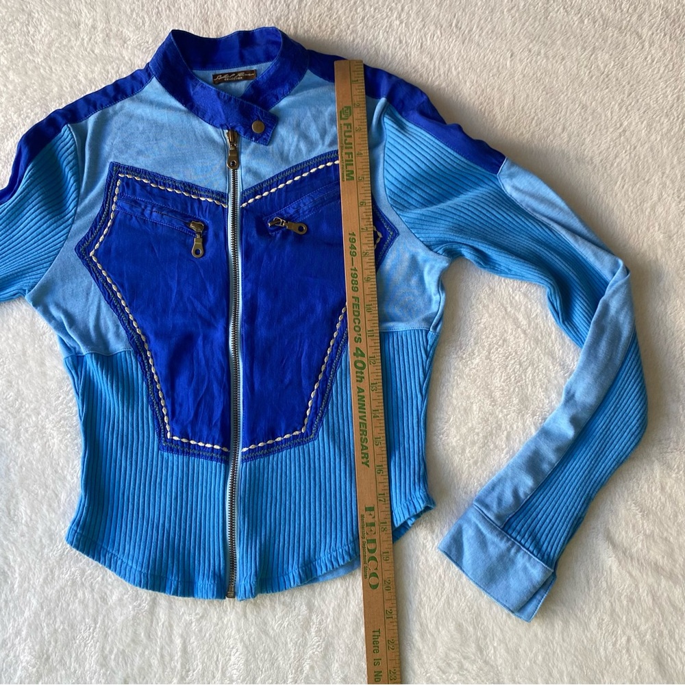 Retro Y2K Blue Color Block Ribbed Full Zip Jacket with‎ Pockets Small - Picture 5 of 9